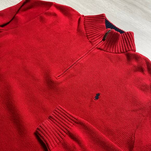 Vintage Polo Ralph Lauren Mens Red Quarter Zip Estate Rib Pullover Sweater 2XL - Picture 2 of 5